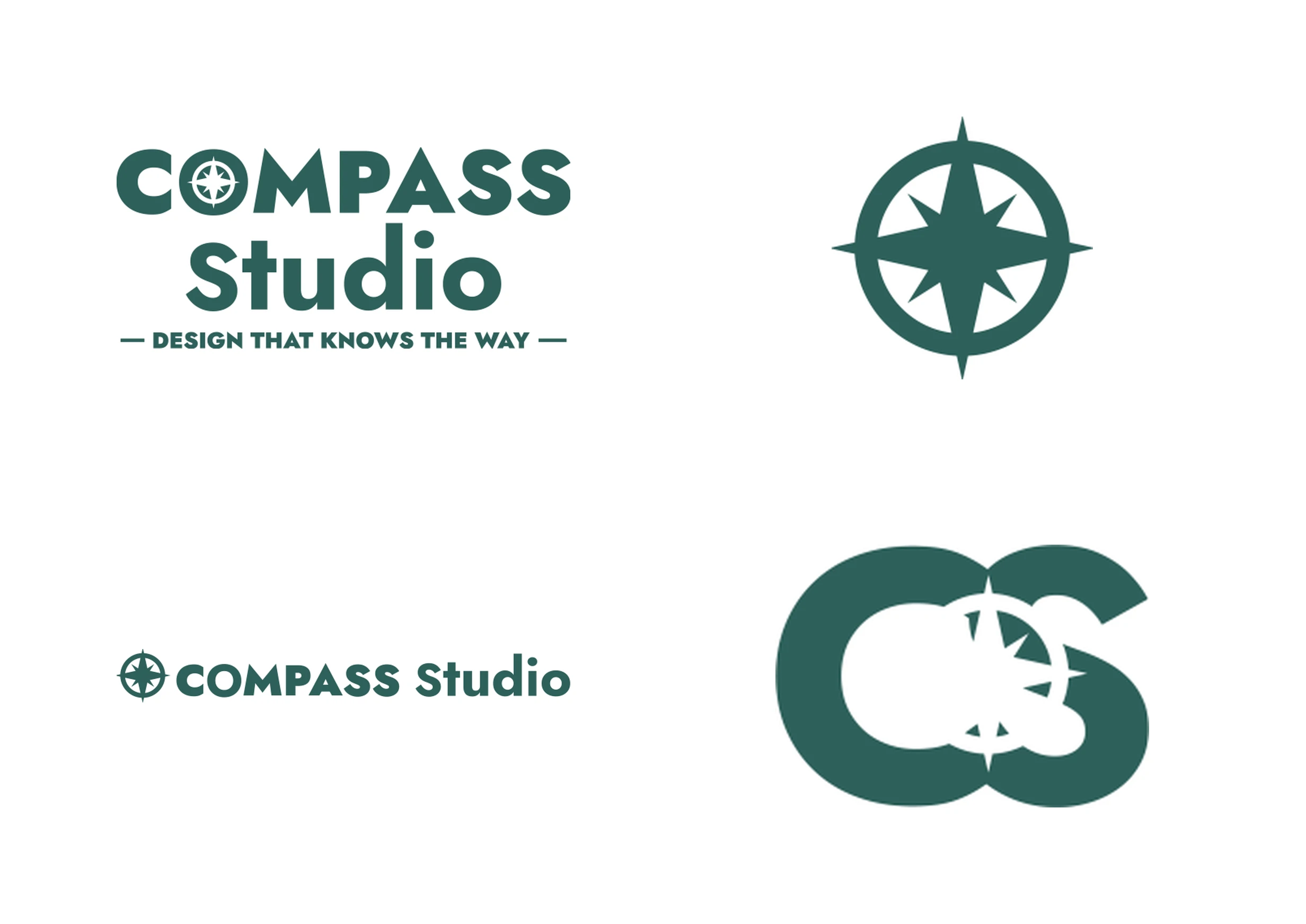 Compass Studio's own logo bundle in deep teal: main logo, icon, extended logo, and alternate monogram.