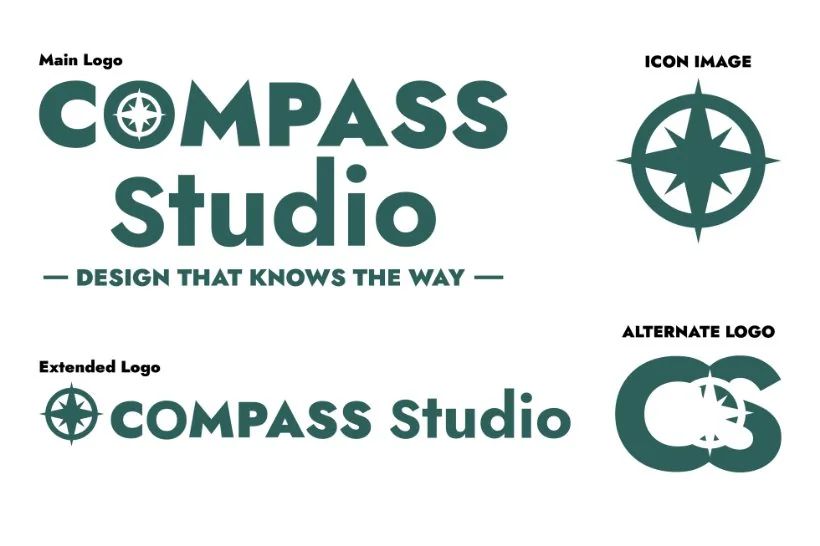 Compass Studio's own logo system in deep teal.